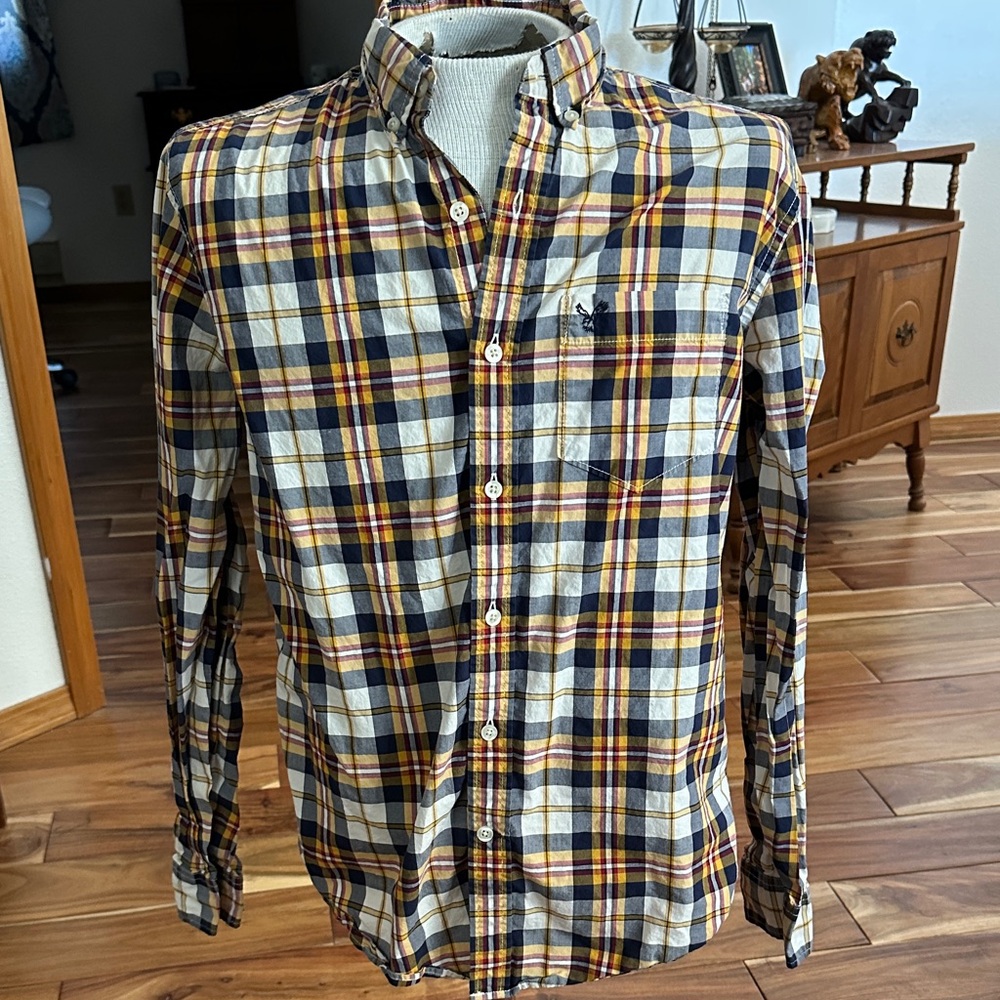 American Eagle Outfitters Men's Plaid Shirt - Yellow, Blue, White